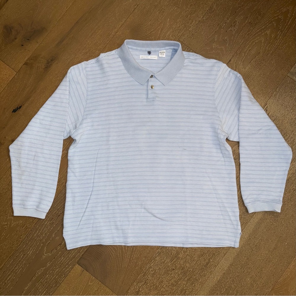 Geoffrey Beene Mens Large Blue White Striped Long Sleeve Cotton Polo Shirt